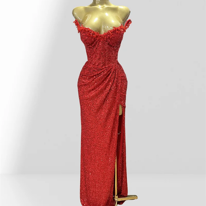 Haute Couture Red Sequins Sexy Off The Shoulder High Split Ankle Lenght Dress Woman Birthday Party Dress Celebrity Patry Outfit