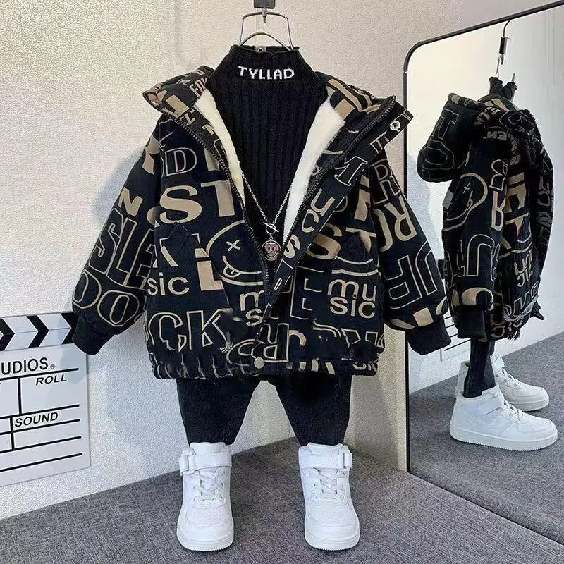 Boys' Winter Fleece Padded Coat Boys' Trendy Fashionable Cotton Coat Thickened Parka Black