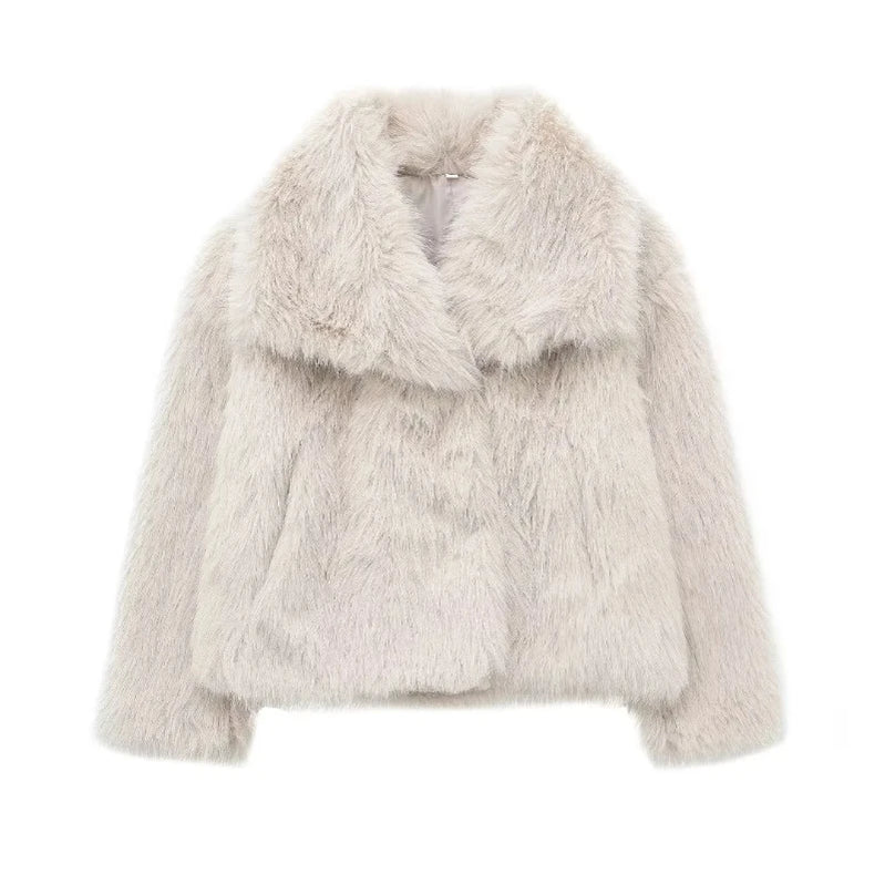 Women's Faux Fur Cropped Jacket Coat Autumn Winter New Lapel Long Sleeve Thick Warm Soft Jacket Female Chic Warm Outerwear Beige
