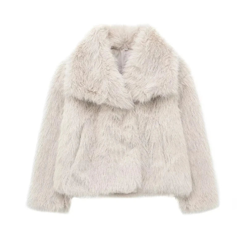 Women's Faux Fur Cropped Jacket Coat Autumn Winter New Lapel Long Sleeve Thick Warm Soft Jacket Female Chic Warm Outerwear Beige