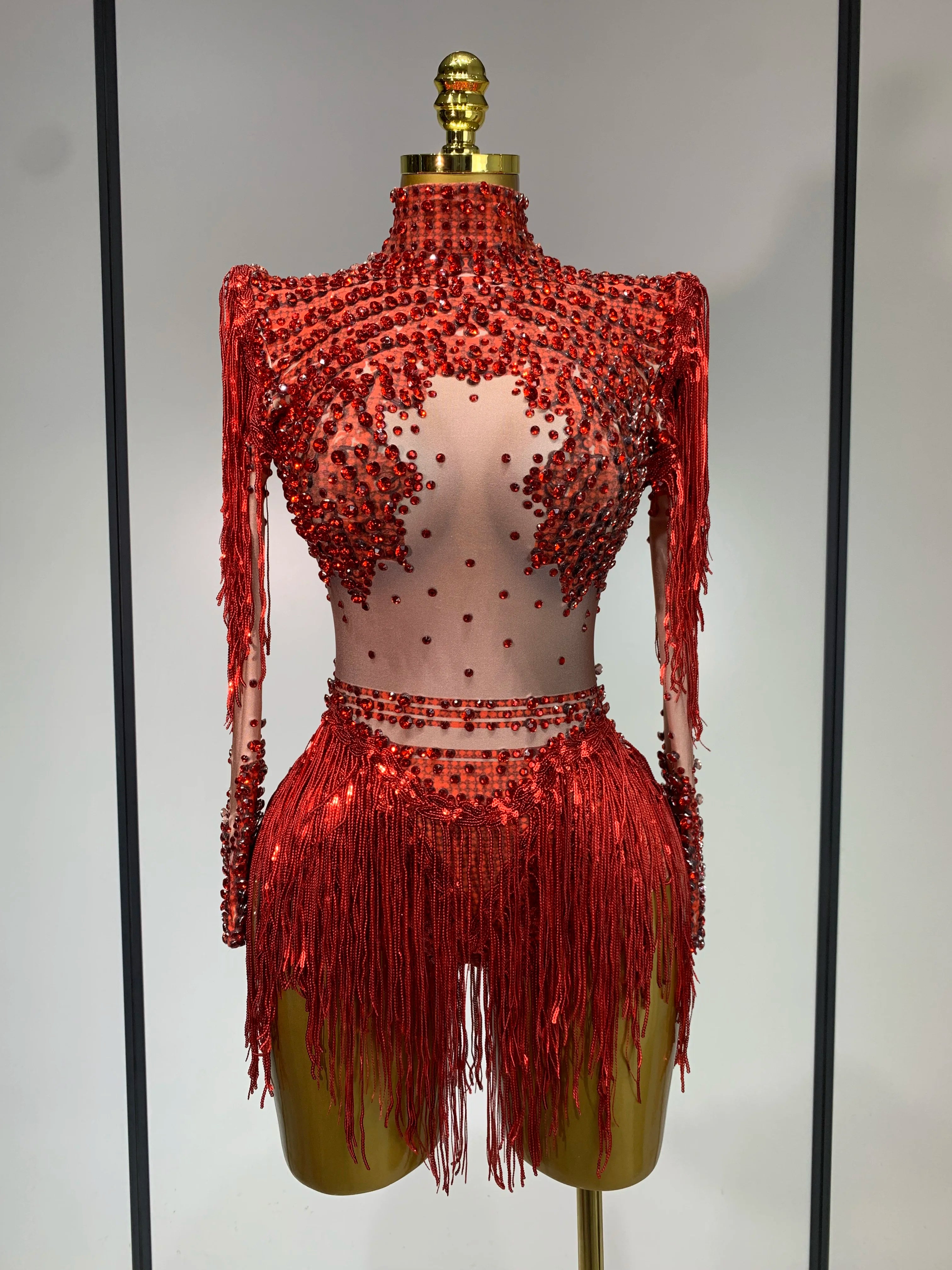 Macacão feminino sexy com elasticidade para performance em dança e boate, roupa para cantoras, palco, com borlas brilhantes e strass, roupa de aniversário