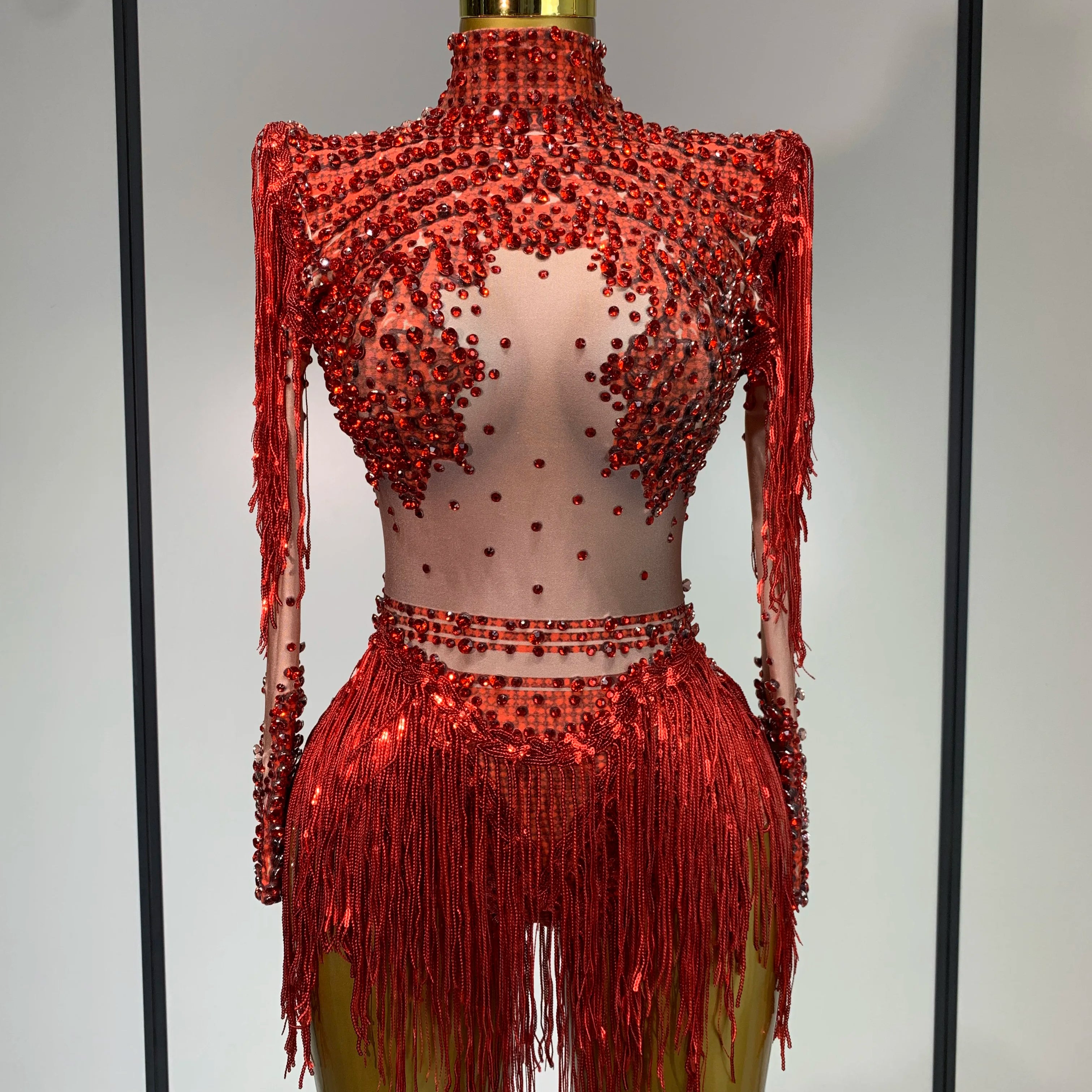 Women Long Sleeve Sexy Shinning Tassels Rhinestone Bodycon Bodysuit High Stretch Bar Dancer Nightclub Stage Wear Birthday Outfit