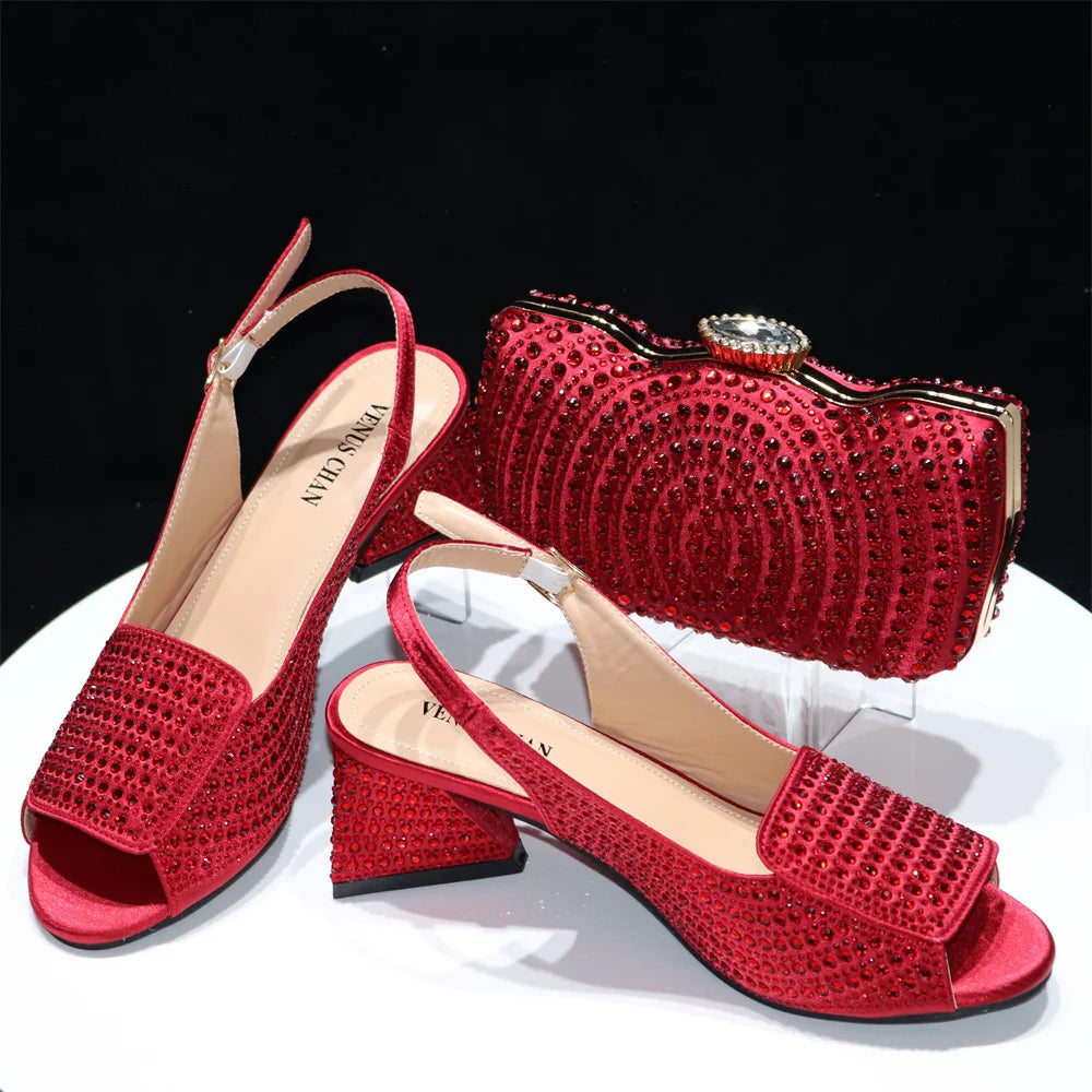 Red Color Platform Design Rhinestone Decoration Party Wedding Women Shoes and Bag Red