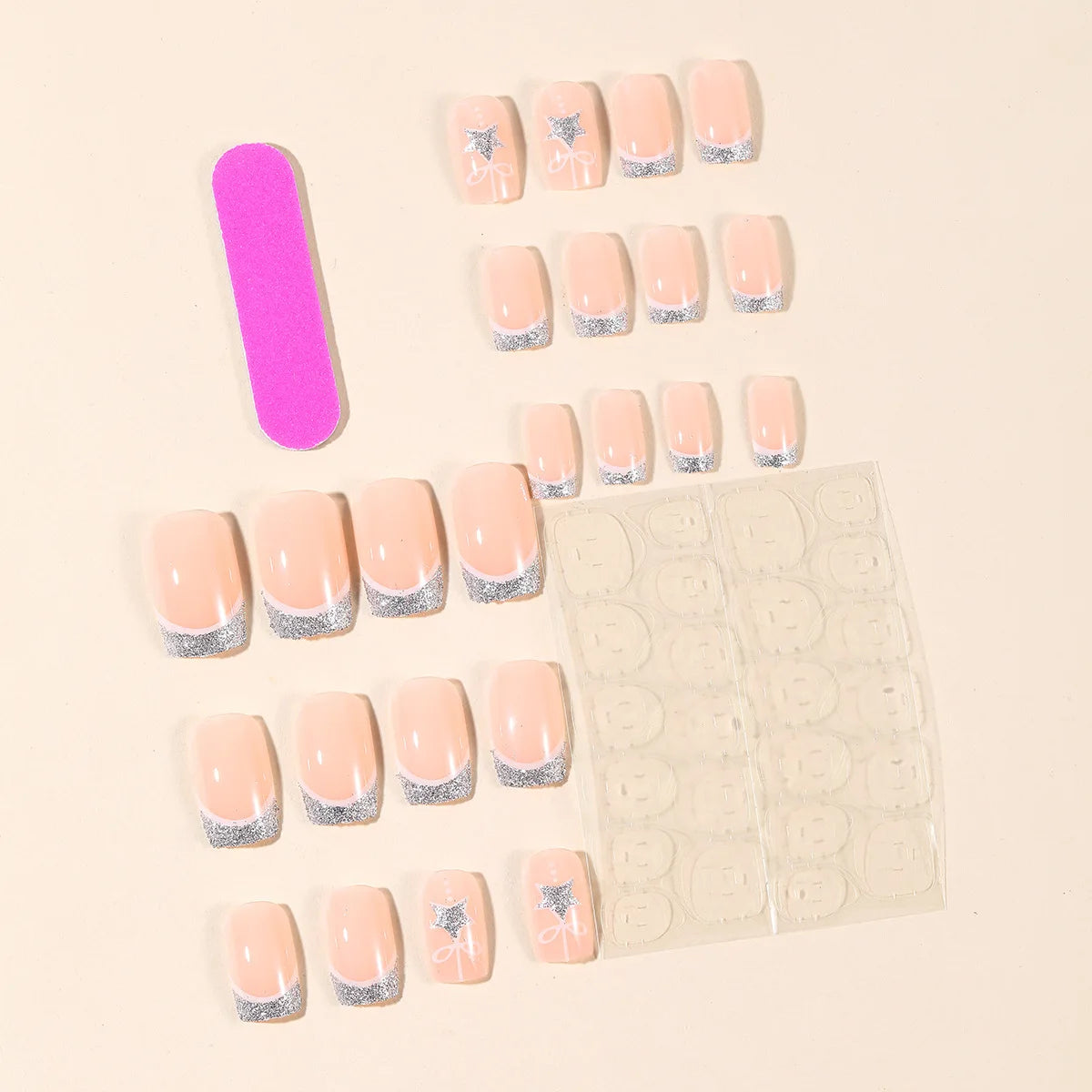 Silver French Fake Nails 24Pcs Nude Color Press On Nails Star/Bowknot Designs Short Square Artificial Nails Patches for Women