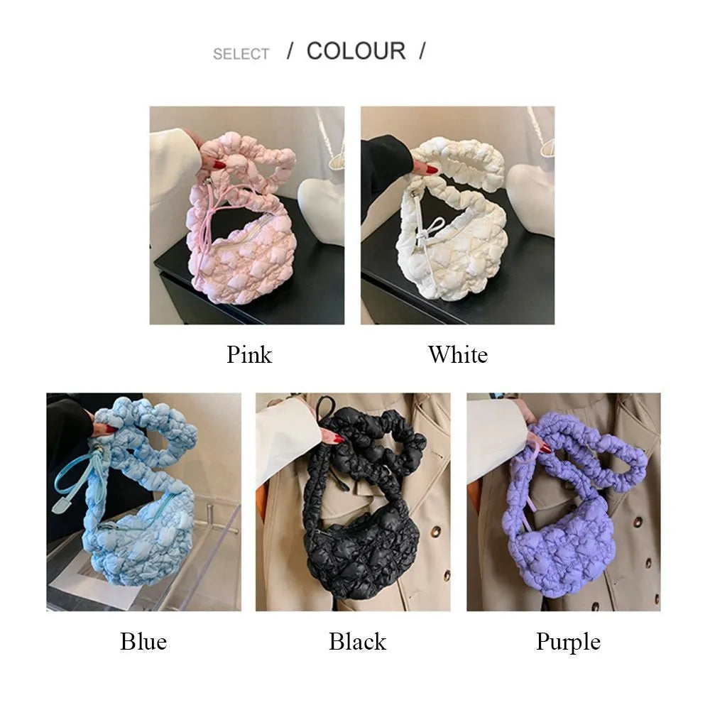 Cloud Quilted Shoulder Bag Simple Bubbles Solid Color Shopping Bag Pleated Handbag Women Girls