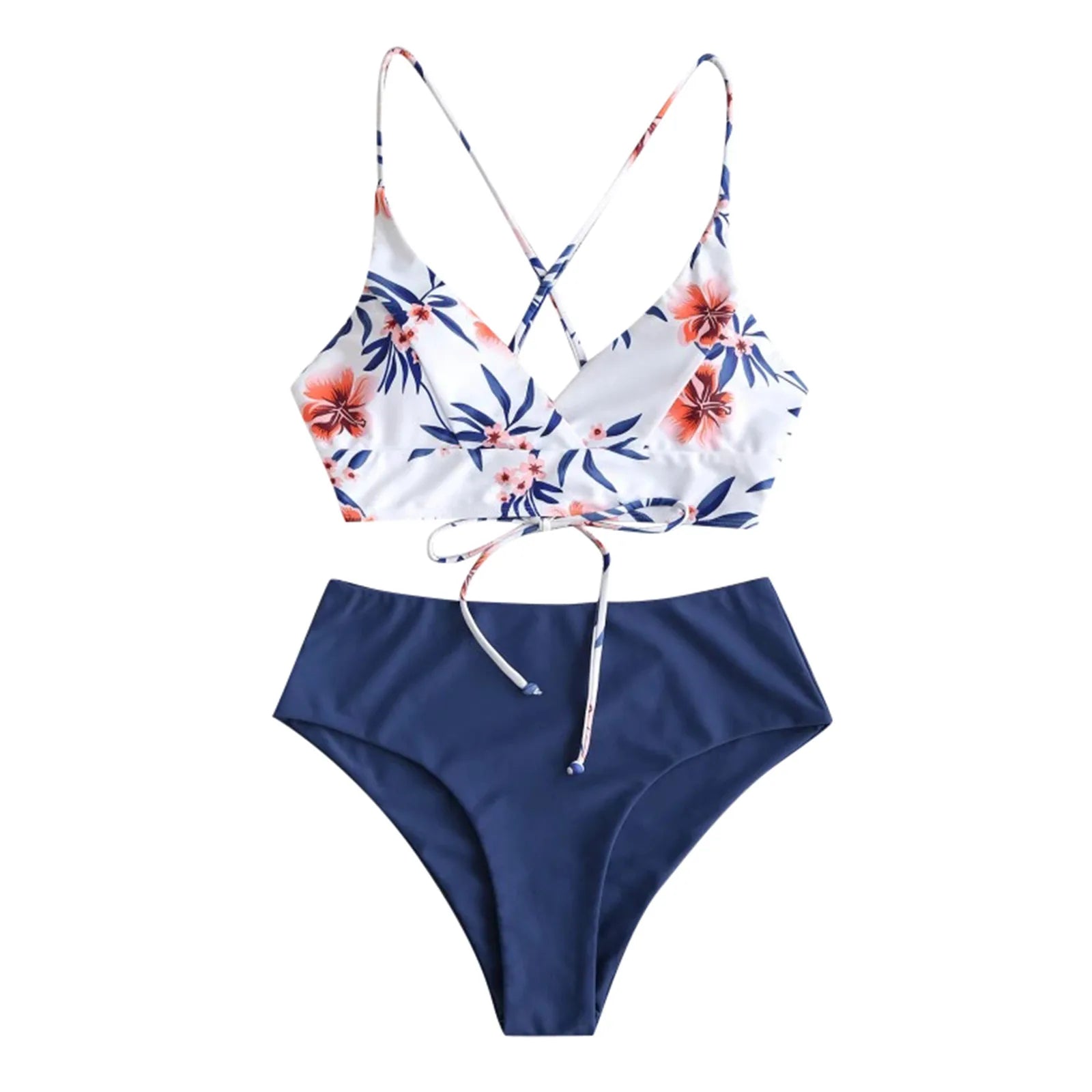 Summer Womens 2 Piece Swimsuits Floral Printed Spaghetti Strap Swim Top High Waisted Bikinis Sets Female Beach Bathing Suit
