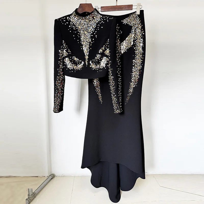 TWOTWINSTYLE Slimming Spliced Sequins Two Piece Sets for Women Round Neck Long Sleeves Short Top High Waist Skirt Set Female New