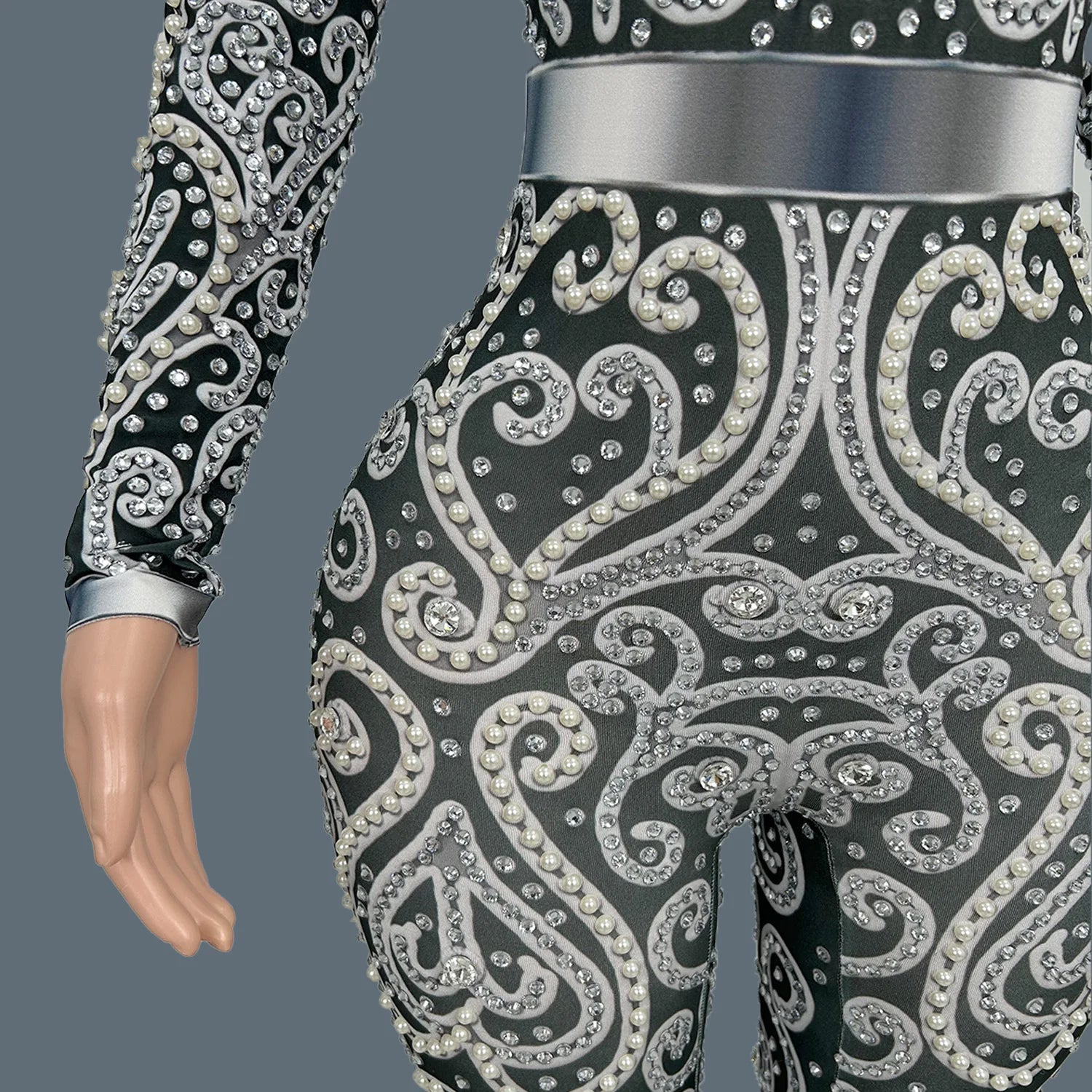 Classic Rhinestones Pearls Spandex Jumpsuit Women Nightclub Party Elastic Sexy Bodysuit Showgirl Performance Stage Wear Quanquan