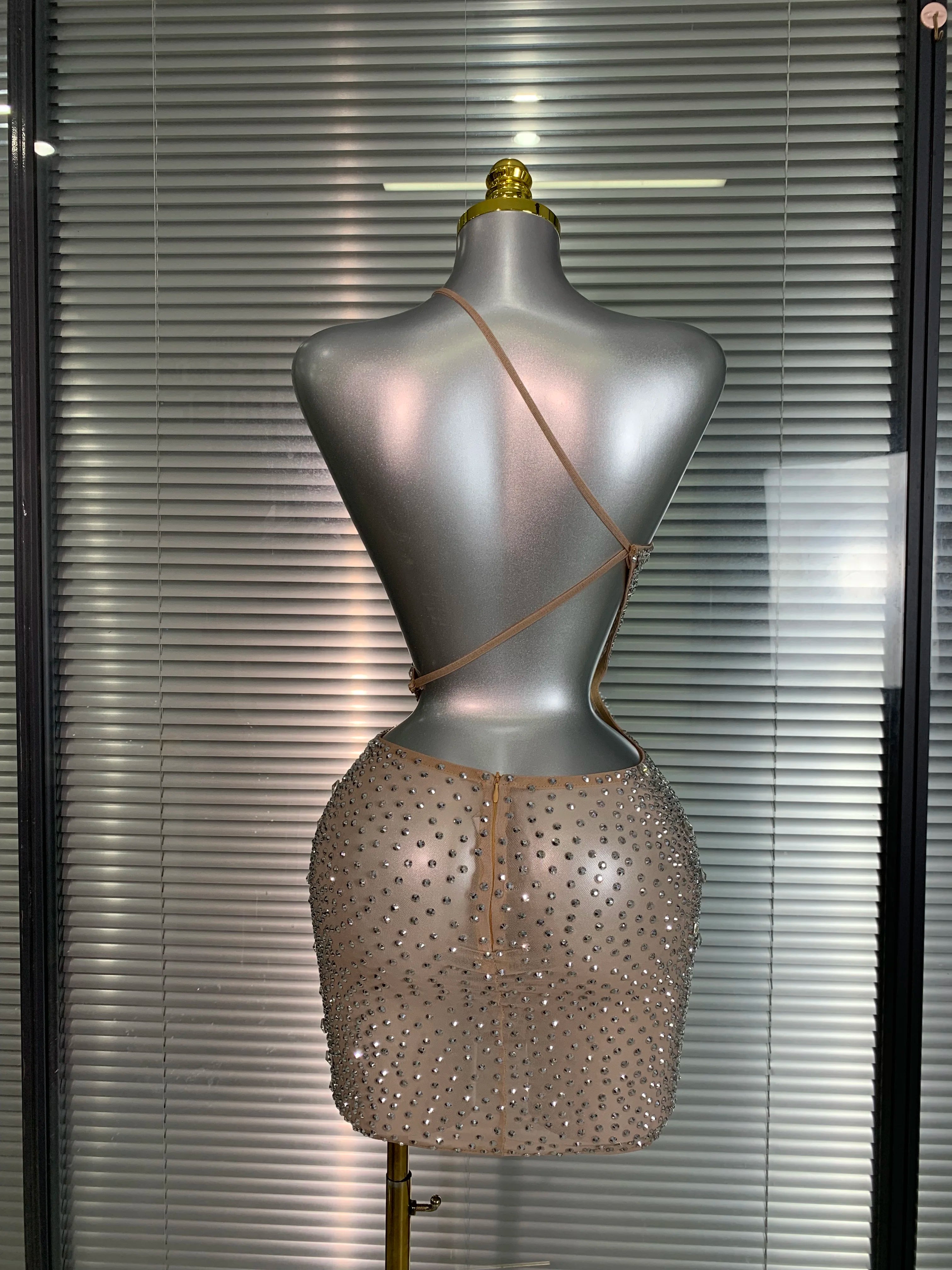 Women Sexy Mesh Silver Crystal Diamonds Rhinestone Mini Cut Out Costume Stage Dancer See Through Stretchy Night Club Party Dress