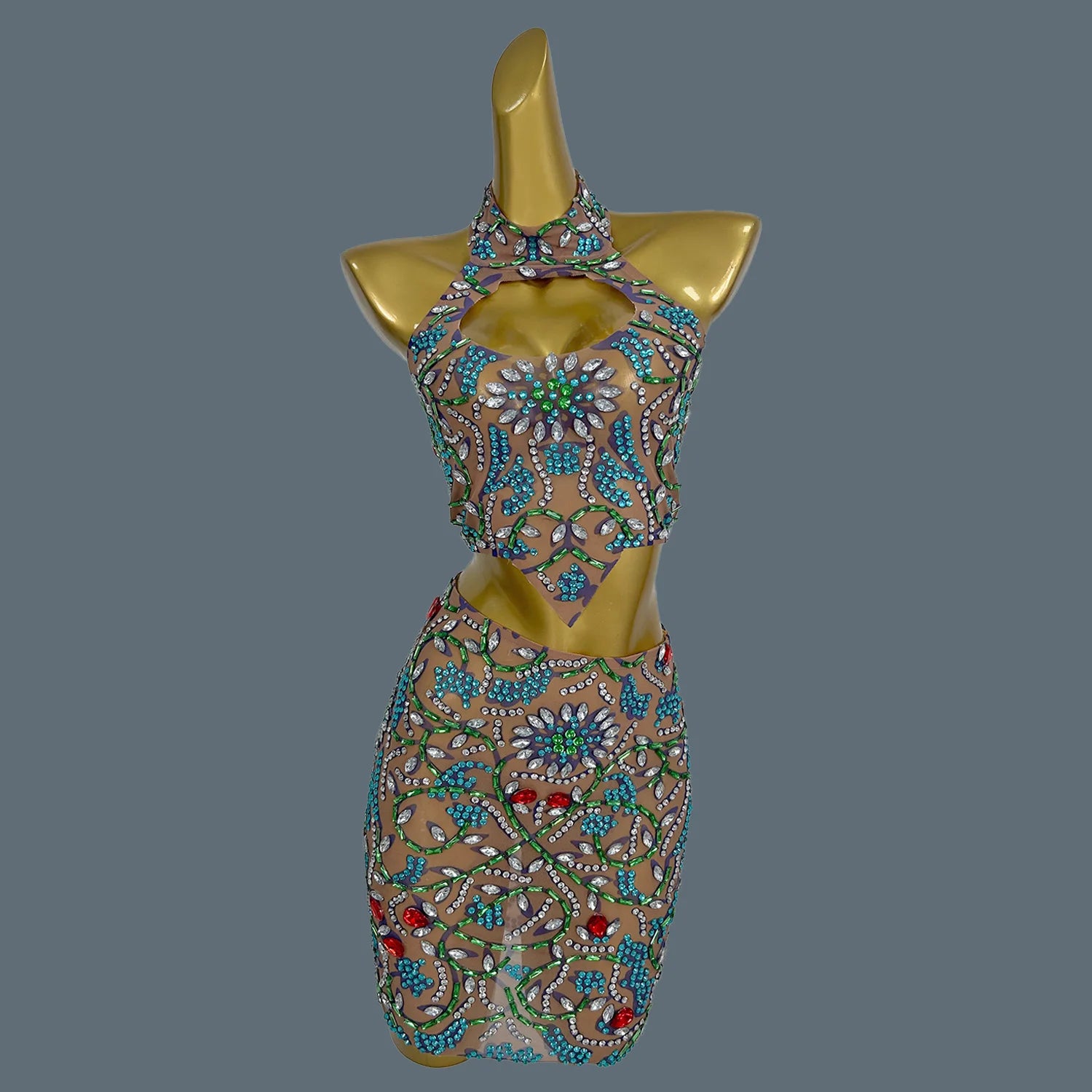 Sparkly Diamond Sexy Crop Top Skirt Set Backless DJ Club Stage Show Two Piece Sets Women Outfit Nightclub Party Dress Huacong