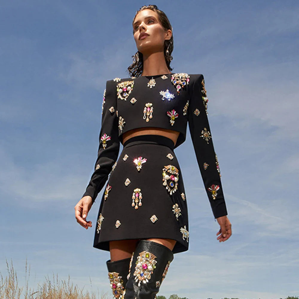 Ailigou 2023 New Autumn Women's High Quality Fashion Sexy Luxury Colorful Diamond Bead Short Top+Dress Black Two Piece Set Black