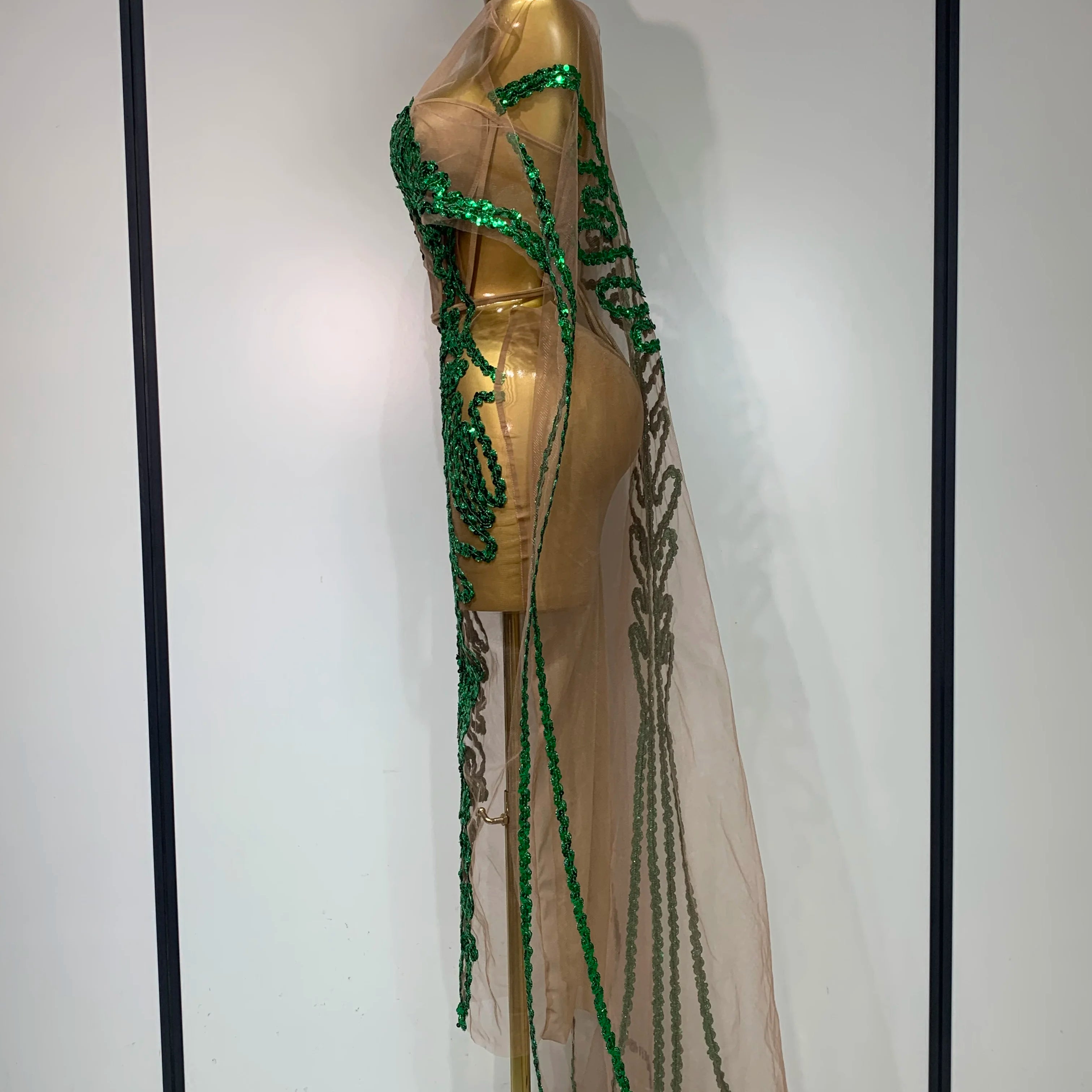 Sexy Mesh See Through Long Dress Sparkly Green Sequins Night Club Party Dress Cloak Birthday Celebrate Drag Queen Stage Costumes