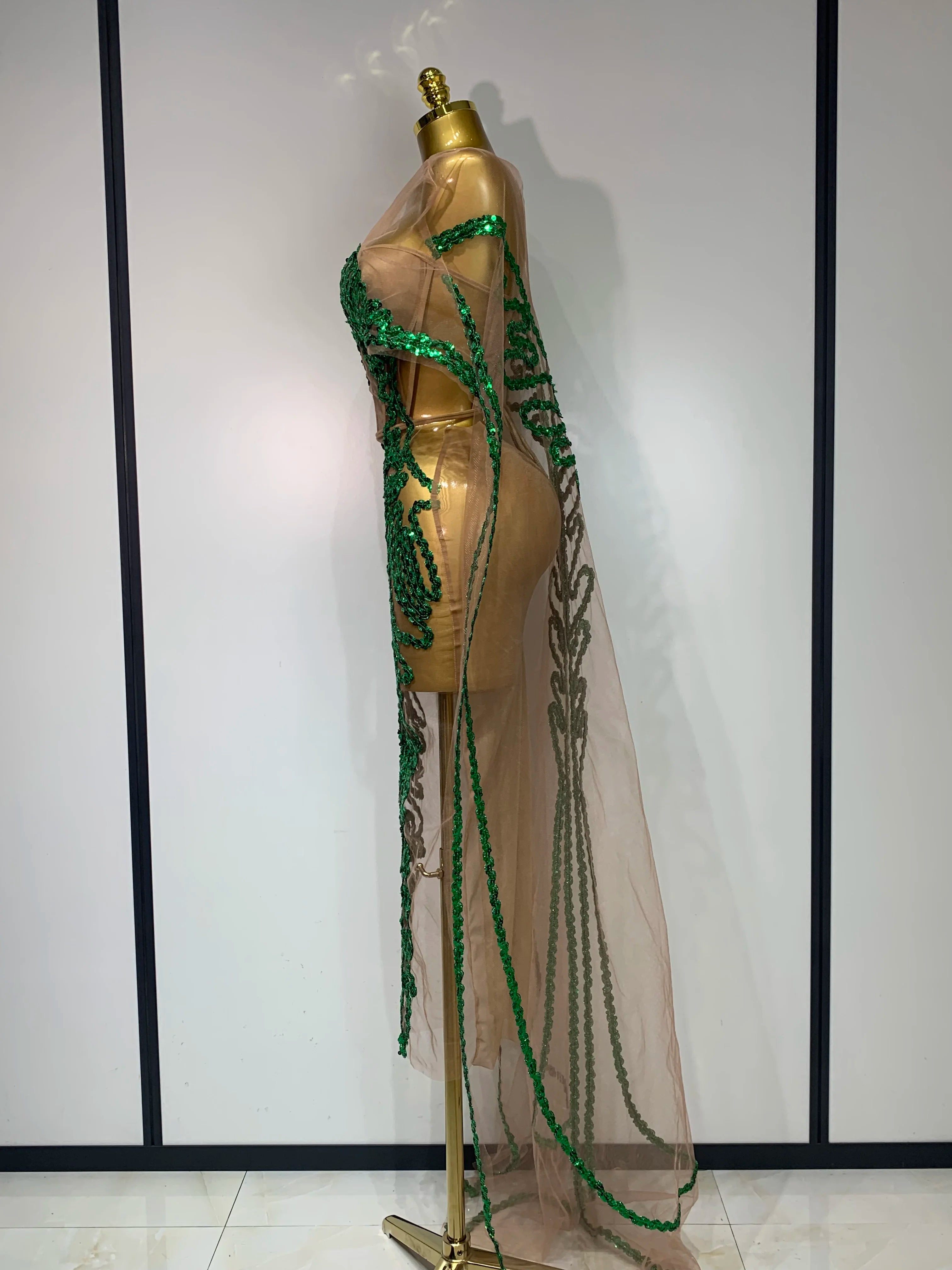 Sexy Mesh See Through Long Dress Sparkly Green Sequins Night Club Party Dress Cloak Birthday Celebrate Drag Queen Stage Costumes