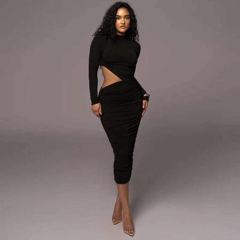 Solid Casual Sexy Women's Dresses Fashion Hollow O-Neck Long Sleeve Streetwear Slim Skinny Bodycon Vestidos Robes Female Black