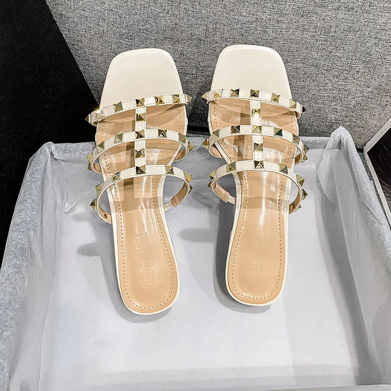 Summer low heel women rivets sandals thin ribbon fashion Korean design girls shoes large size wear slippers free delivery