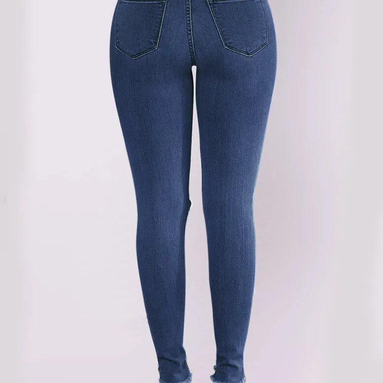 High Stretch Y2K Jeans Mid-Waist Fashion Hollow Out Classic Simple Stylish Distressed Ripped Raw Edges Hem Women Pants