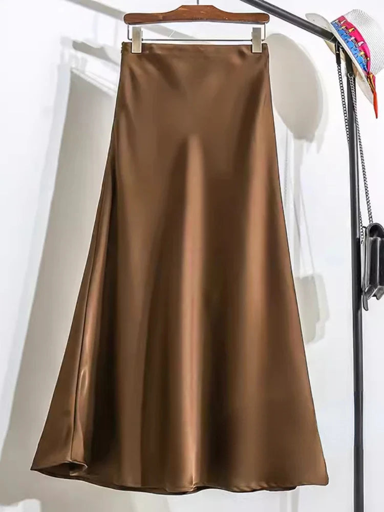 Acetic Satin Fishtail Skirt Woman Korean Fashion Elastic High Waist Skirts for Women Spring/summer New Slim Long Dresses coffee