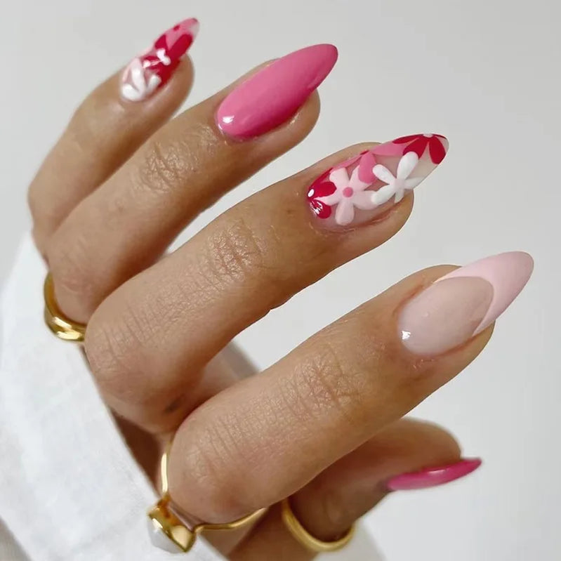 24 peças de unhas postiças com design de flor vermelha, unhas postiças francesas ovais, com acabamento em amêndoa curta, pontas de unhas postiças datáveis e de pressão