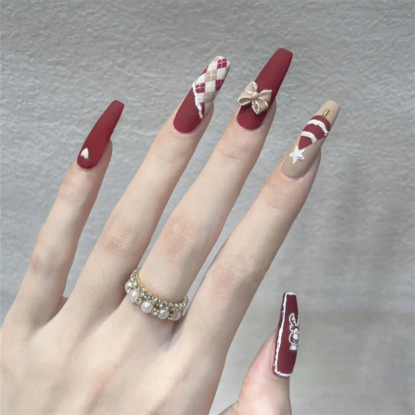 24Pcs/Set Christmas Collection Wearing False Nails Art Elk Santa Claus Snowman Press on Nail Tips Kawaii Acrylic Stick on Nails PDJ2250-Z-69N