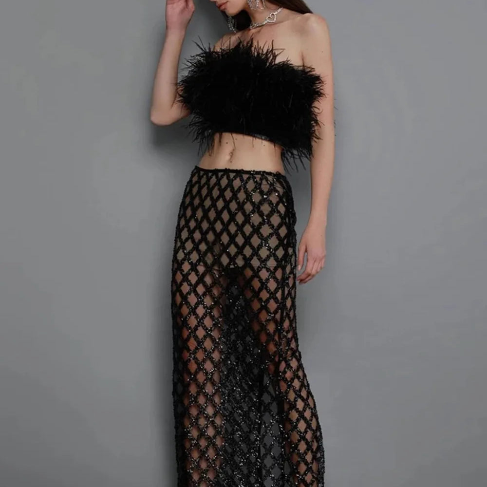 Europe And The United States Sexy New Fashion Wrap Chest Feather Decoration Split Shoulder Bare Backpack Hip Skirt Sexy Color