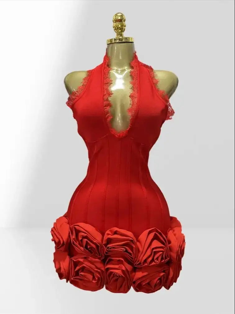 Stereoscopic Folwer Sexy Deep V-Neck Halter Sheath Red Bandage Mini Dress Sweet Woman Birthday Party Dress Music Festival Outfit