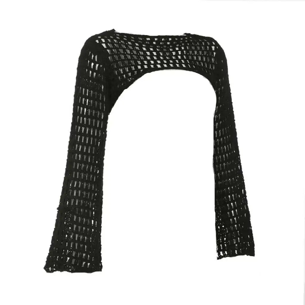 Women Y2k Crochet Knit Hollow Out Crop Top Long Flared Sleeve Shrug Sweater Mesh Cover Ups Cardigan Streetwear Pullover Women