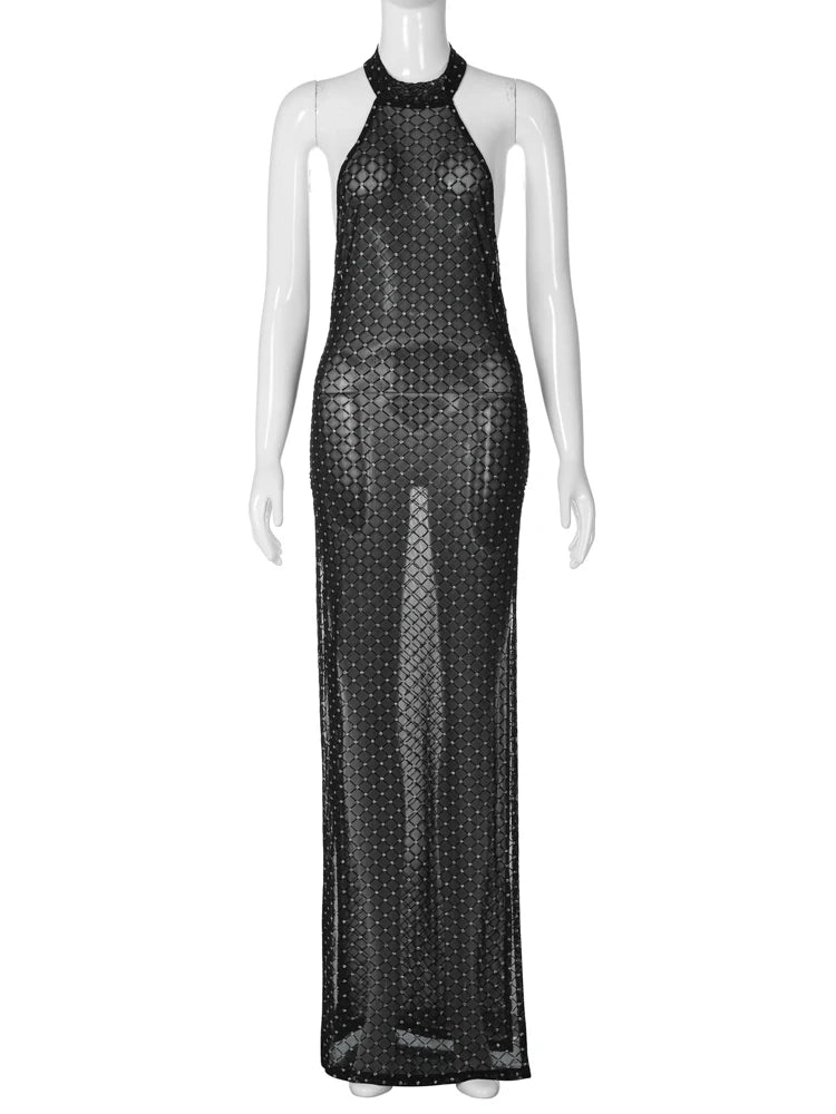 Shine Halter Black Backless Diamonds Slit Elegant Sexy Slim Maxi Dress Spring Summer Women Outfits Party Festival