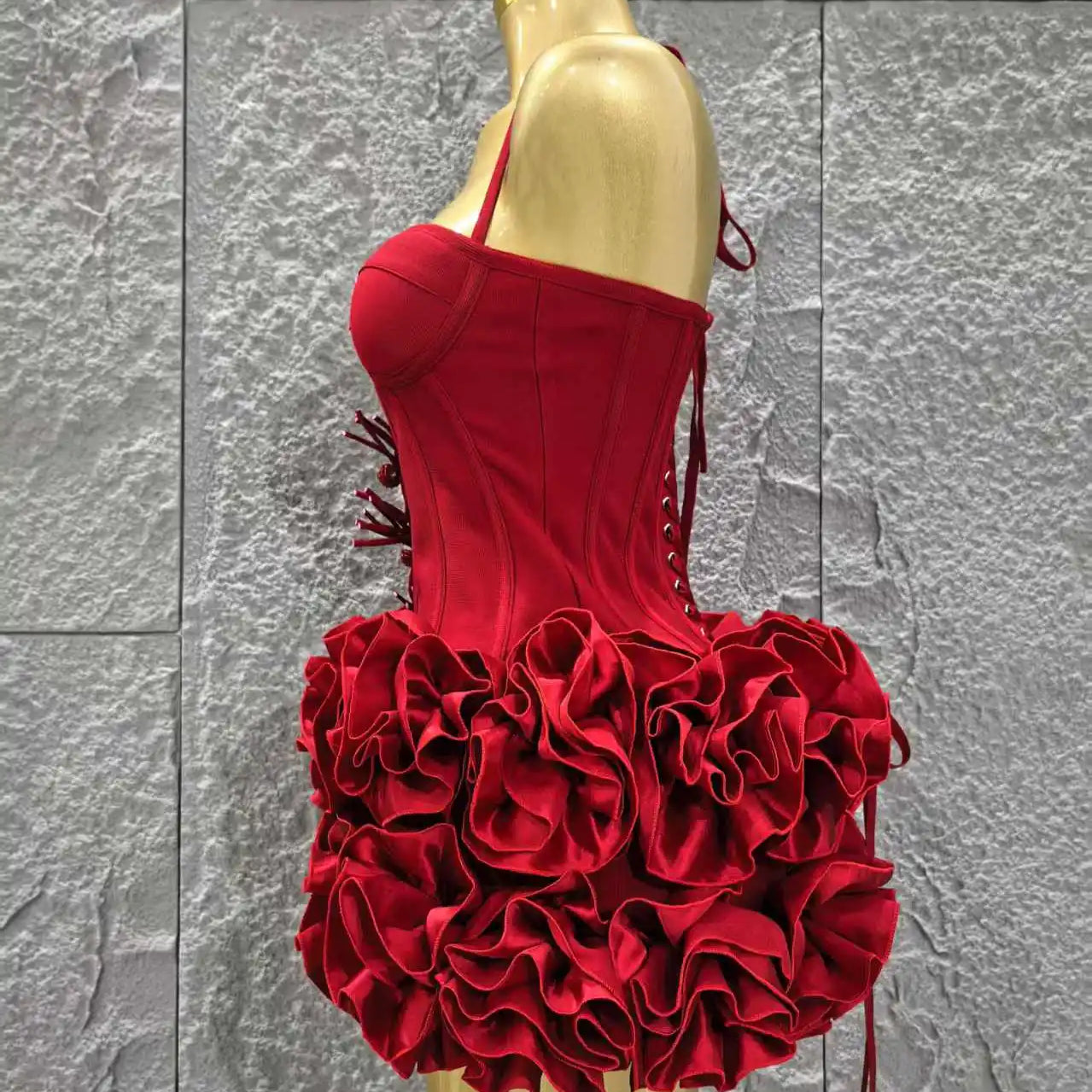 Red Color Women Sexy Halter Full Florals 2 Pieces Bodycon Mini Bandage Dress Celebrate Nightclub Party Birthday Dress