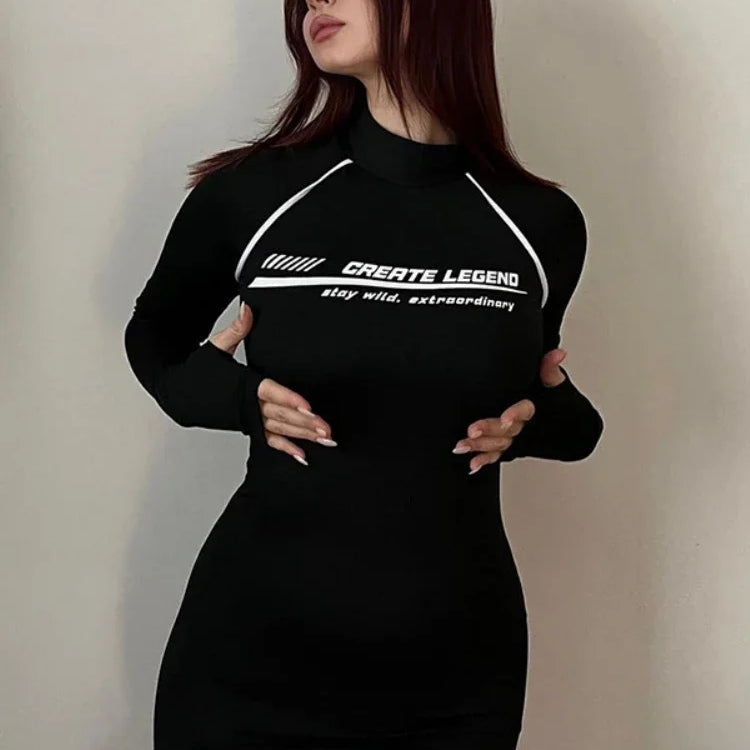 Turtleneck Letter Printed Mini Dress Autumn Women Clothing Slim Sexy Streetwear Long Sleeve Vestidos De Mujer Fashion Outfits