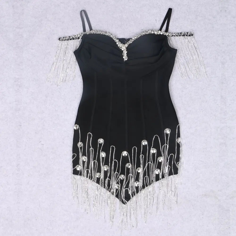 2023 New Summer Women Strap Off the Shoulder Bodycon Mini Dress Rayon Bandage Diamond Chain Nightclub Party Celebrate Dress