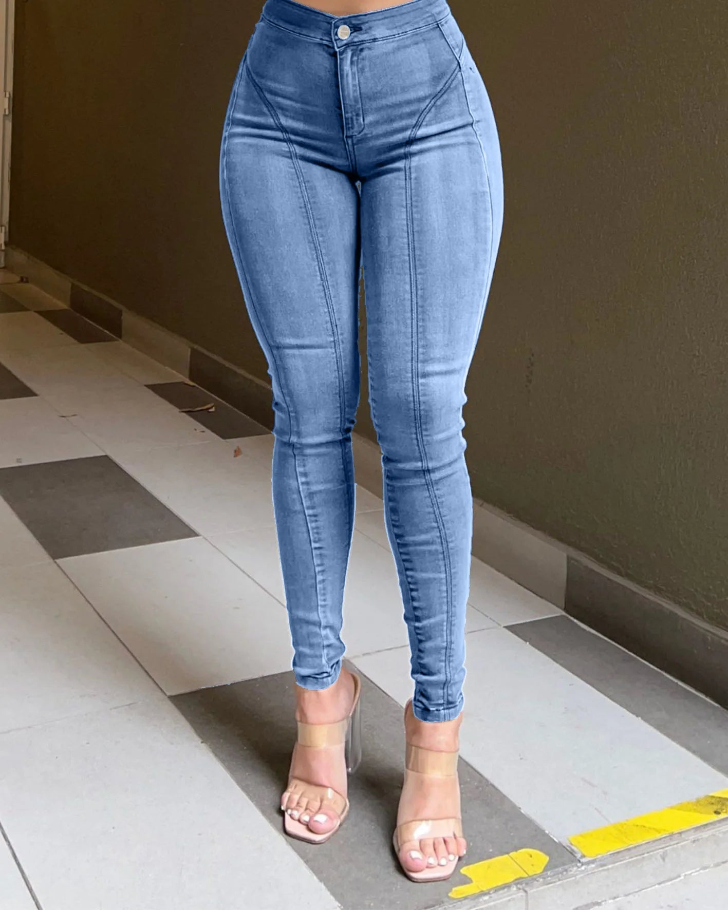 Jeans for Women Fashion Simple traf Mid Waist Stretch Pants Multiple Colors Versatile Daily Commuting Wear Autumn Winter Season Light Blue