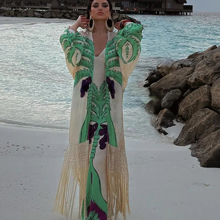 Fashion Spring Print V Neck Contrast Maxi Dress Women Chic Slim Fit Long Sleeve Vestidos Lady Elegant Vacation Streetwear