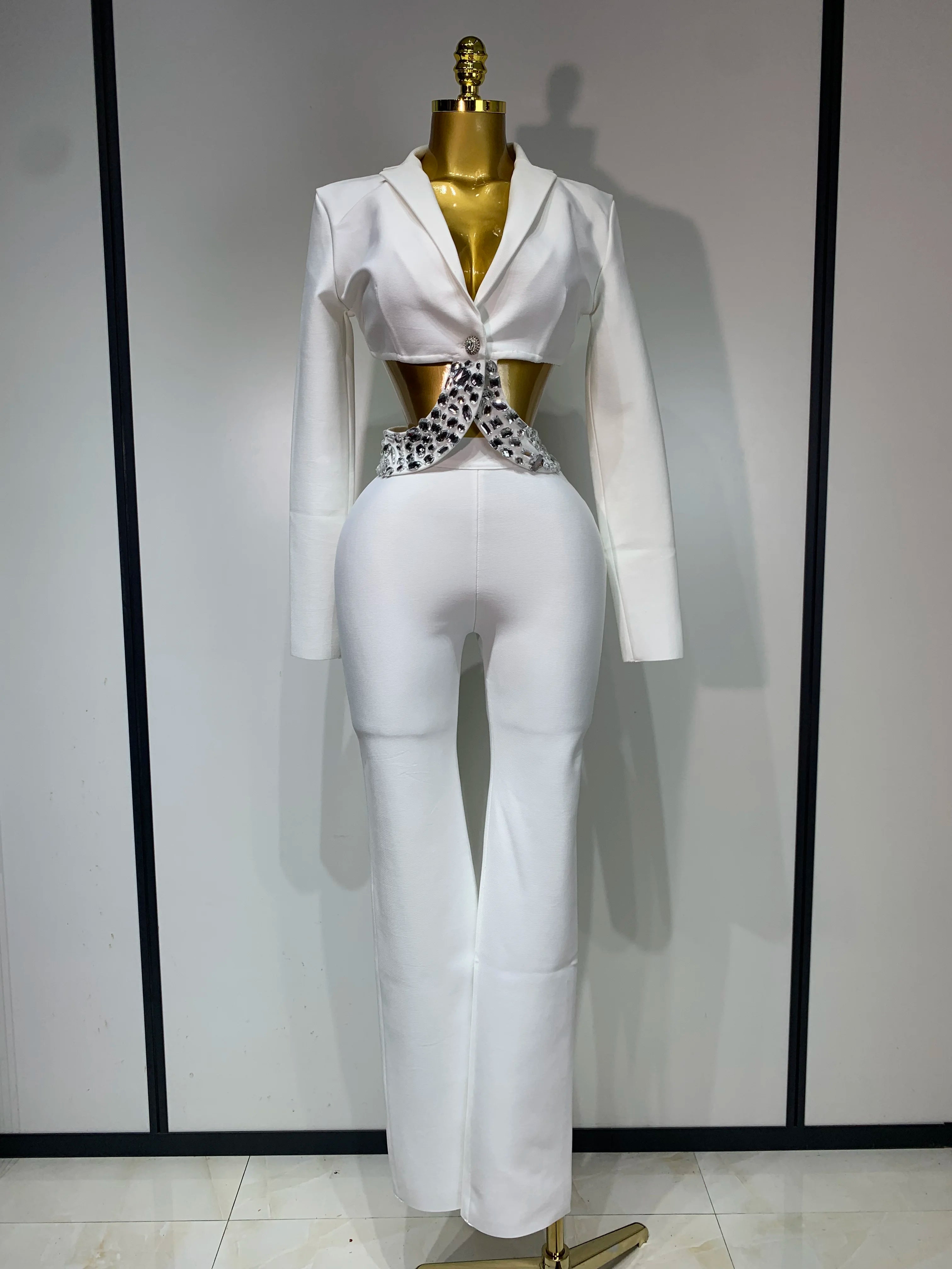 Women Sexy Cut Out Long Sleeve Beading Bodycon Two Pieces Pants Bandage Set Celebrity Designer Fashion Women Luxury Birthday Set