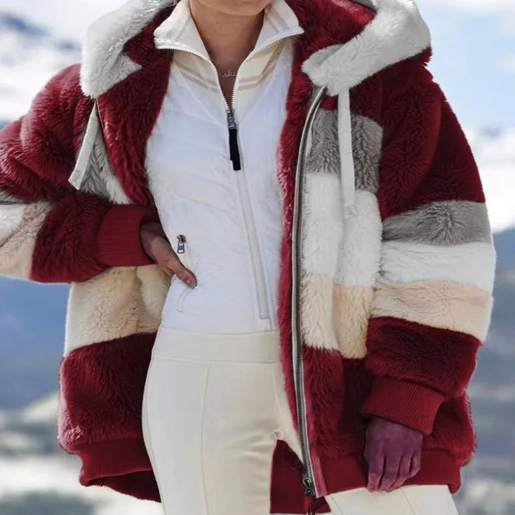Autumn/Winter Warm Plush Panel Zip Pocket Hooded Loose Coat Women Burgundy