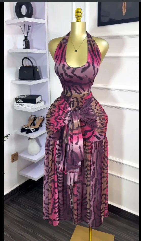 CM.YAYA Women Halter Neck Backless Ruched Stacked Sleeveless Mesh Long Maxi Dress 2025 Birthday Even Sexy Party Dresses Vestidos Light Brown