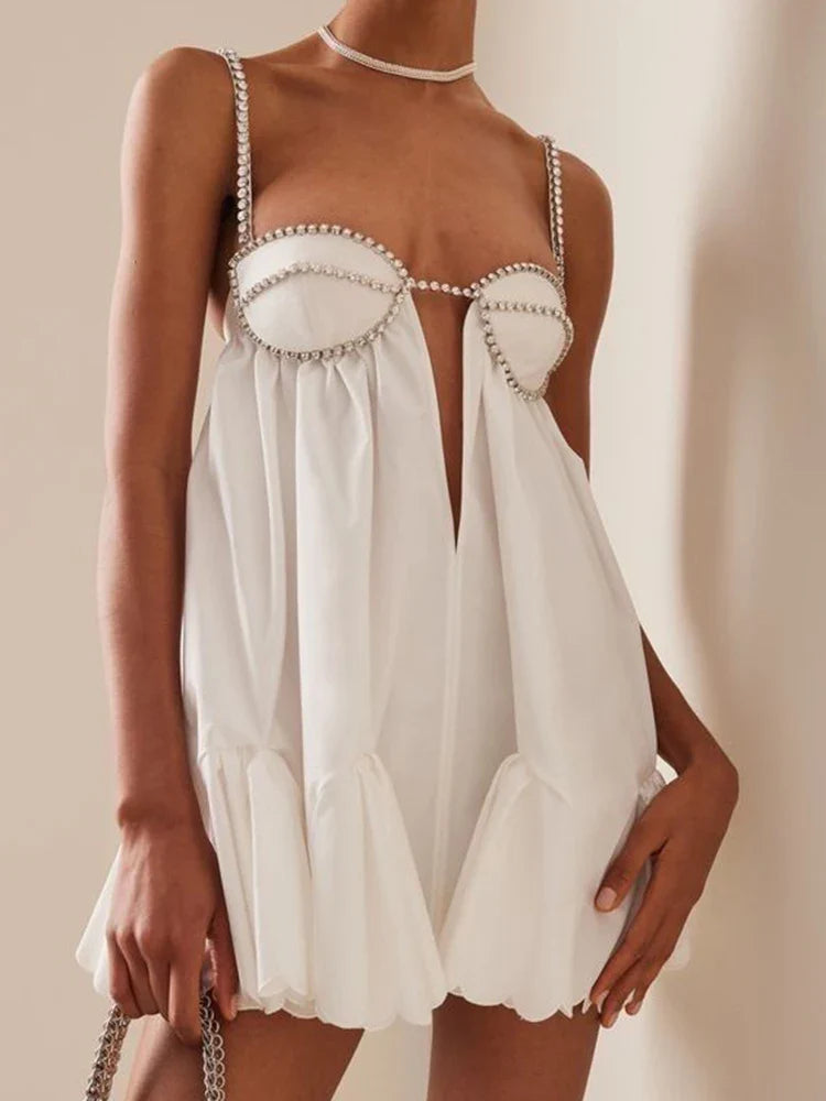 DEAT New Trendy Women's Diamonds Chain Pleated Sling Dress Spring Fashion Off-shoulder Sleeveless Dresses Female 33A1209