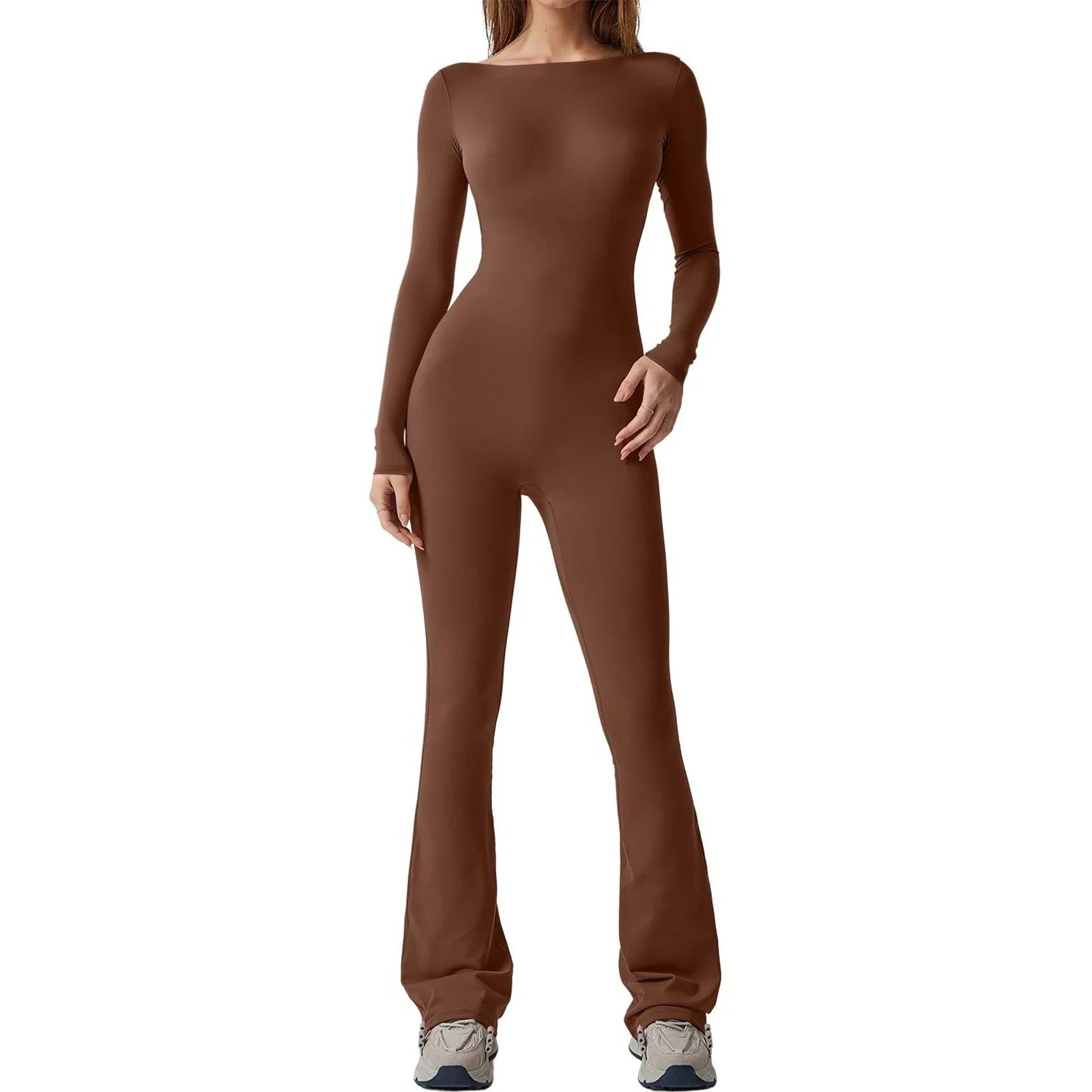 Women s Sexy Tight Backless Long Sleeve Flare Jumpsuits Bodycon Solid Color Bottom Pants Romper Playsuit Streetwear Dark Brown