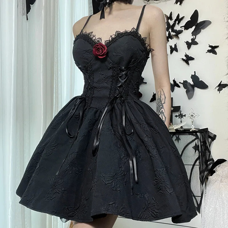 Goth Dark Tie Up Mall Gothic Elegant Women Dresses Grunge Aesthetic Jacquard A-Line Dress Emo Lace Trim Black Party Alt Clothes
