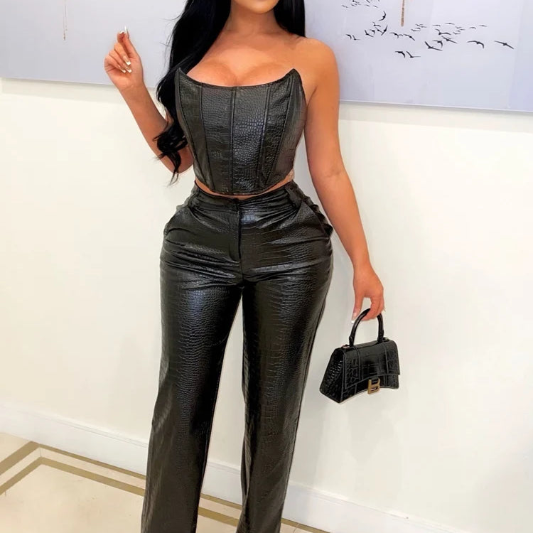 Women's Green Corset Cut-Out Cargo Metallic Jumpsuits PU Leather Matching Set Sexy Clubwear 2 Piece Outfits