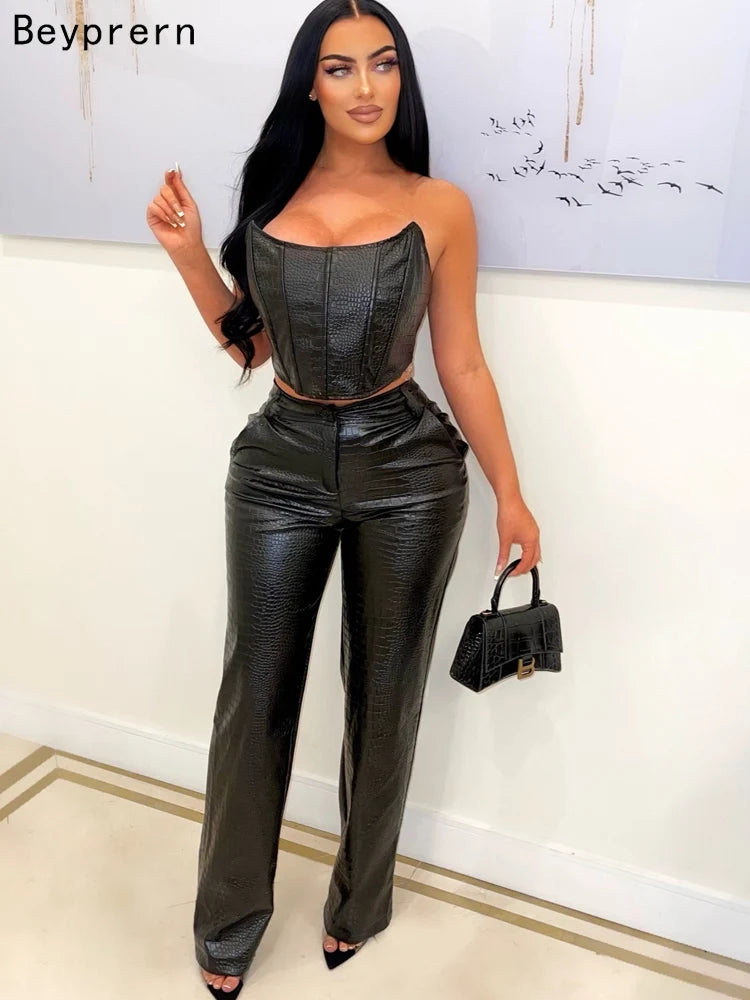 Women's Green Corset Cut-Out Cargo Metallic Jumpsuits PU Leather Matching Set Sexy Clubwear 2 Piece Outfits