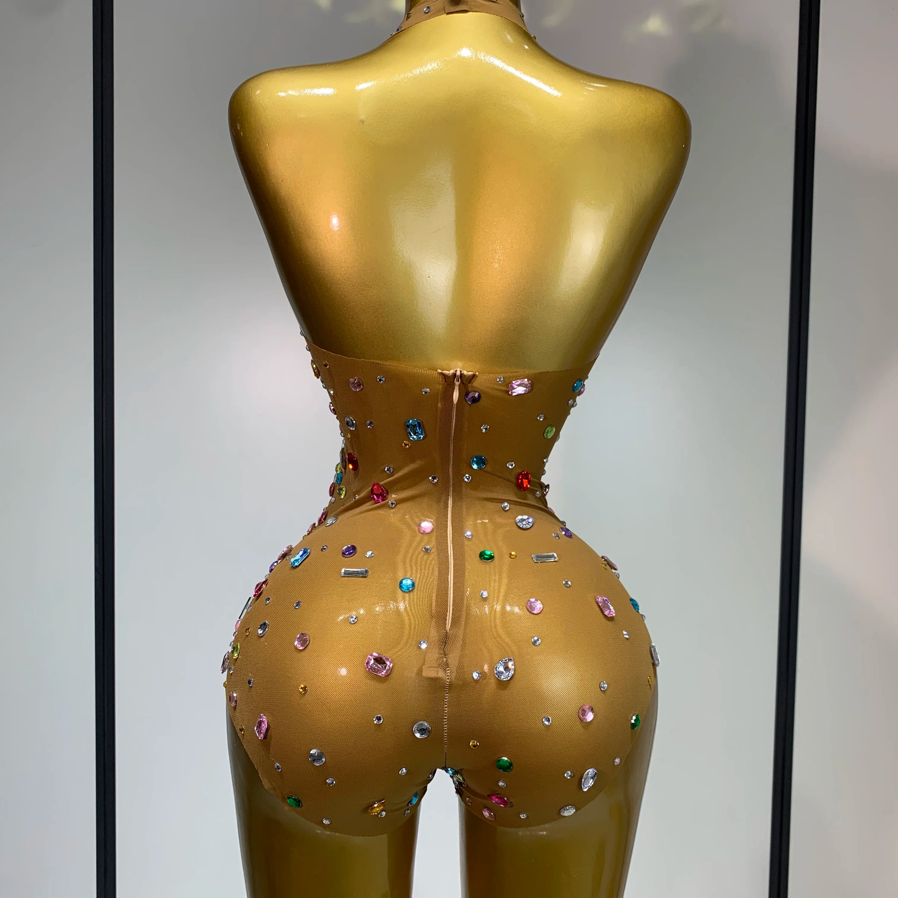 Sparkly Rhinestones Mesh See Through Bodysuit Women Sexy Backless Performance Dance Costume Celebrity Nightclub Stage Outfit