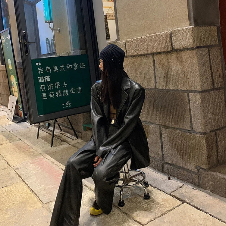 Spring Autumn Cool Retro Soft Distressed Pu Leather Blazer Jacket Women Single Breasted Loose Casual Korean Fashion 2024