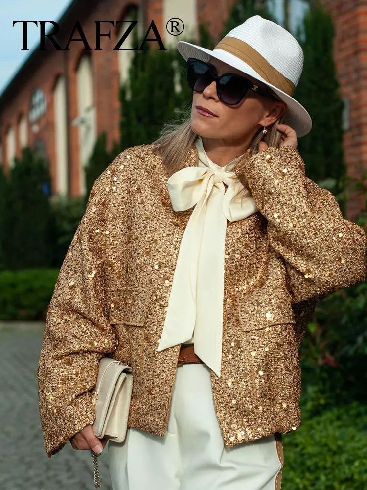 Autumn Coat For Women Fashion Gold Sequin Stand Collar Long Sleeve Loose short Jacket Woman With Pleats Female Coats