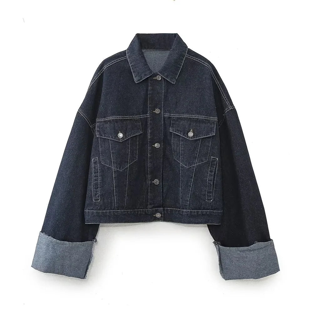 Women's Fashion Casual Denim Jacket Coat Curled Hem Pants Set dark blue
