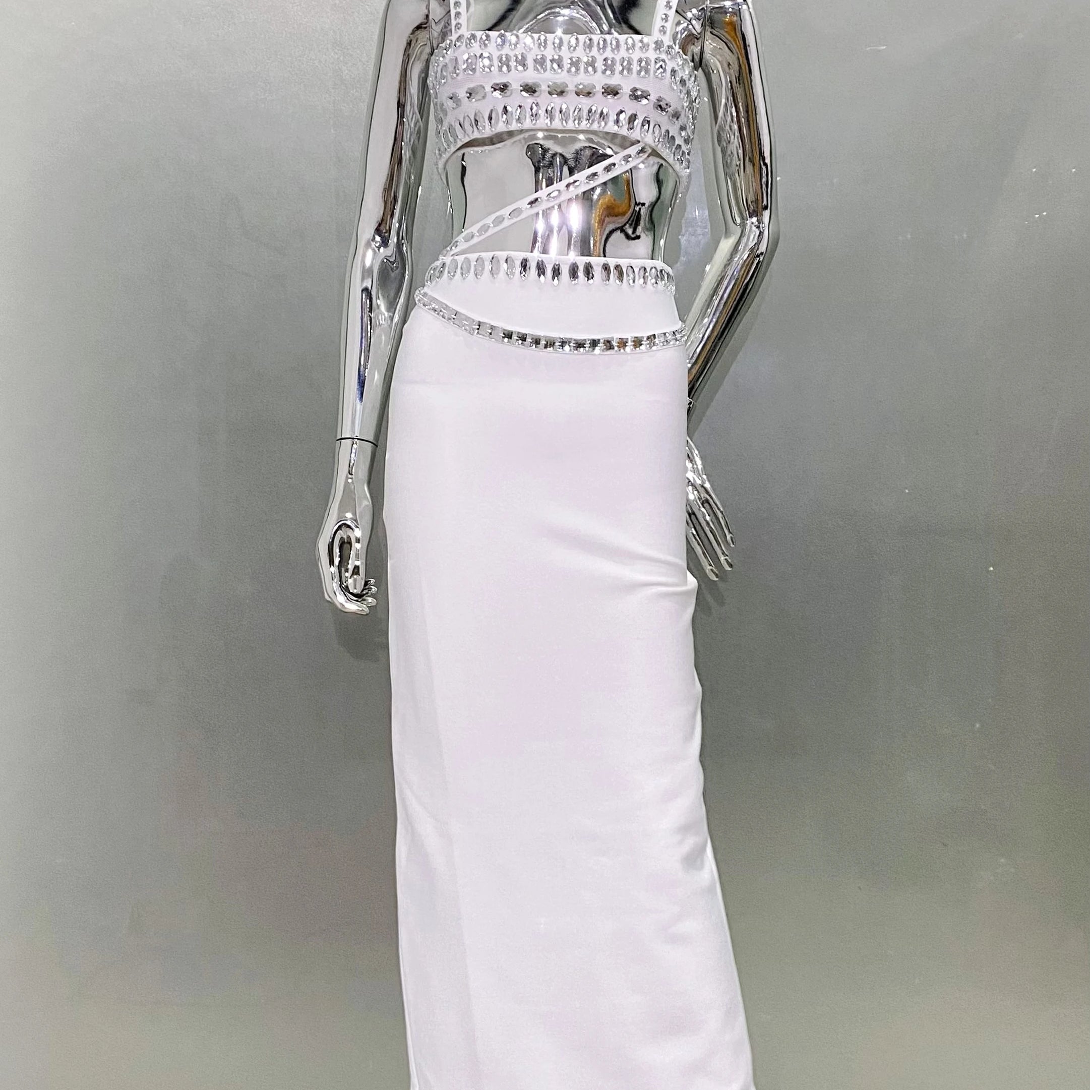 Sparkling Diamonds Woman Set Spaghetti Strap Top And Ankle Lenght Skirt  2 Pieces Evening Party Vestido Beach Vocation Outfit