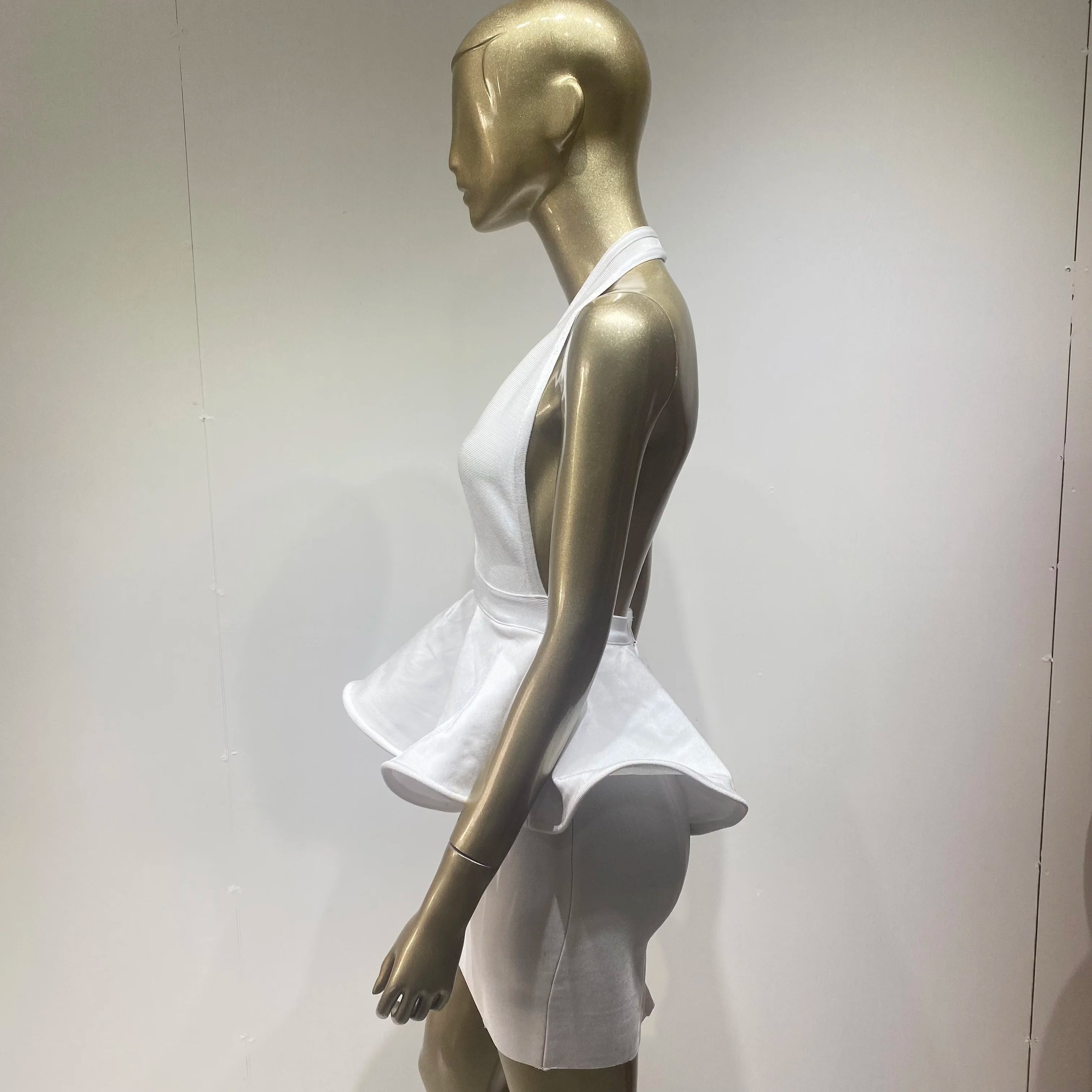 Vestido de celebridade branco com decote em V, costas nuas, babados, rayon, bandagem, vestido de festa à noite