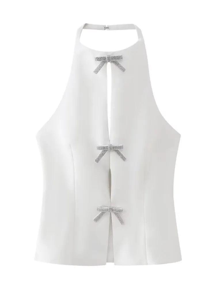 Aonibeier Y2K Black White Women Camis Traf Summer Diamonds Bow Hollow Out Sleeveless Backless Slim Halter Female Crop Top W
