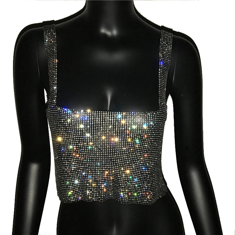 Bling Rhinestones Party Crop Top Fashion Solid Backless Straps Full Diamonds Sequins Cami Cropped Top for Women Black