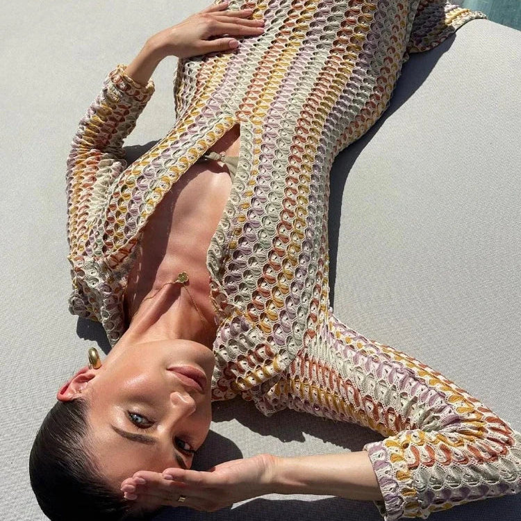 WeiYao Handmade Crochet Multi-color Hollow Out Split Maxi Dress for Women Deep V Long Sleeve Elegant Bohemian Sexy Bodycon Dress