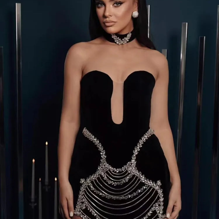 Women Summer Celebrity Sexy Strapless Beading Black Mini Bodycon Bandage Dress 2025 Elegant Evening Club Party Dress